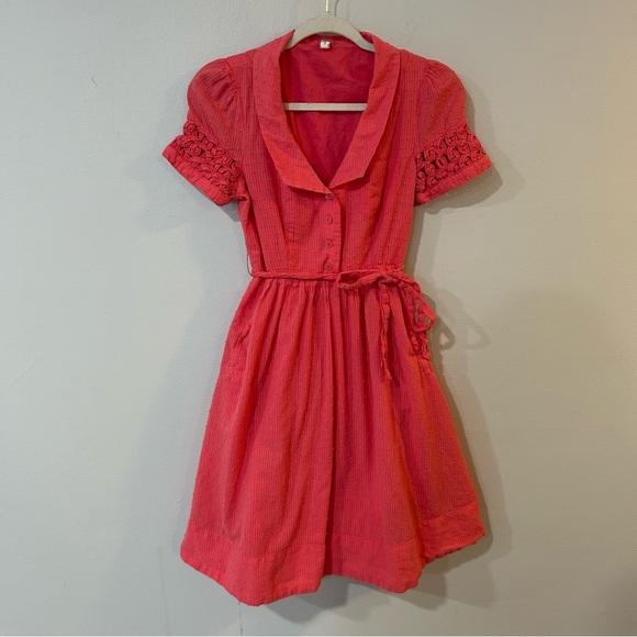 Maeve Anthropologie Coral 100% Cotton Swiss Dotted Belted Short Sleeve Dress 4 - Picture 3 of 8